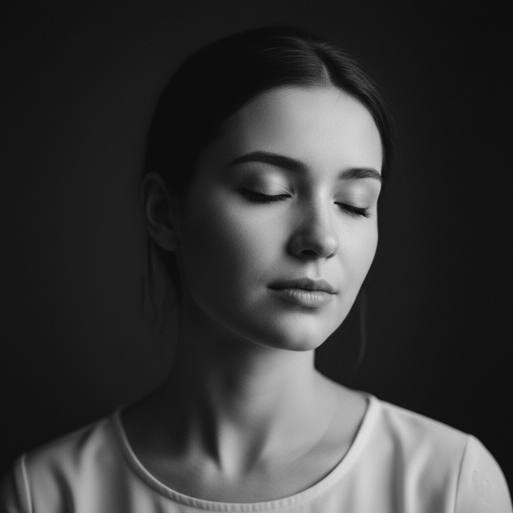 A black and white close-up portrait of a woman with her eyes gently closed, conveying a sense of calm and introspection. Her head is slightly tilted, and her expression is serene. Her hair is pulled back, and she is wearing a simple top.