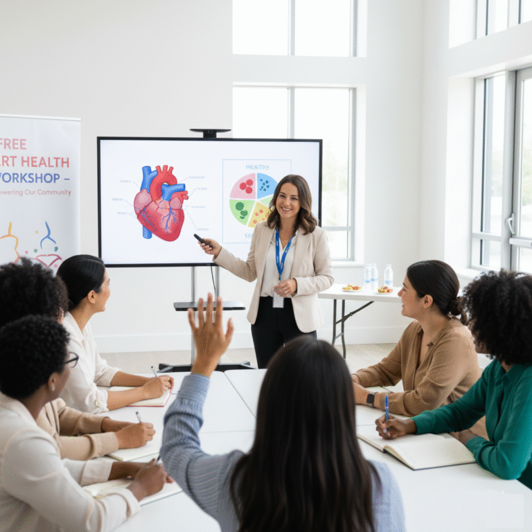 Free women's heart health education workshop, showing participants learning about cardiovascular disease prevention and wellness.